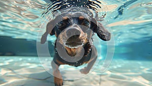 Graceful miniature pinscher dog swimming in vibrant blue water with illuminated fur