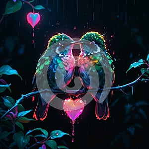 Two cute hummingbirds on a branch holding a heart between their chest with sparkling rain drops falling around them photo