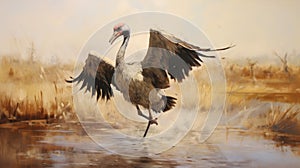 Graceful Movements: A Paleocore-inspired Painting Of A Crane In Water photo