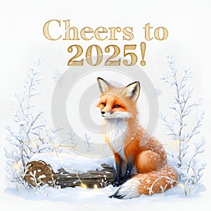 Elegant Fox by Snow-Laden Log with Falling Snowflakes photo