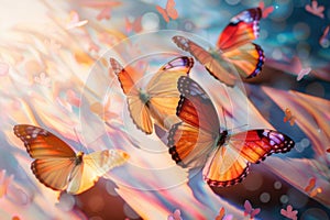 Graceful orange butterflies in flight against a colorful blurred background