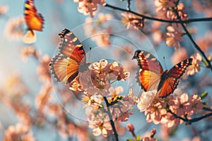 Graceful orange butterflies hover over delicate pink cherry blossoms in the soft sunlight.