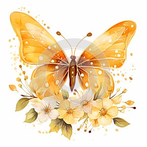 Graceful orange butterfly and watercolor flowers. Delicate floral arrangement with butterfly