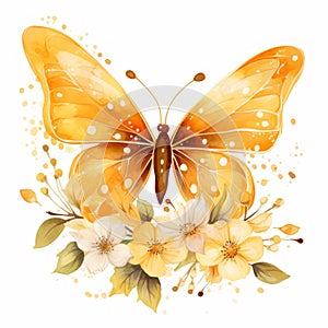Graceful orange butterfly and watercolor flowers. Delicate floral arrangement with butterfly photo