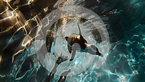 Graceful penguin swimming underwater, sunlight filtering through water. nature photography. marine life captured in