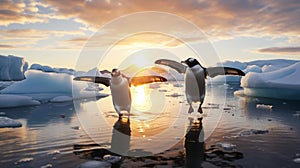 Graceful Penguins Sliding on Pristine Ice in Golden Morning Light