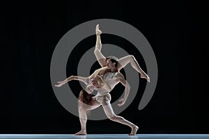 Graceful performance. Talented, artistic young woman and man, ballet dancers dancing against black studio background