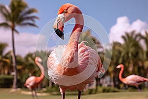 Graceful pink flamingo on lush lawn near exotic palm trees