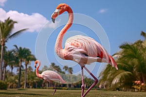 Graceful pink flamingo on lush lawn near exotic palm trees