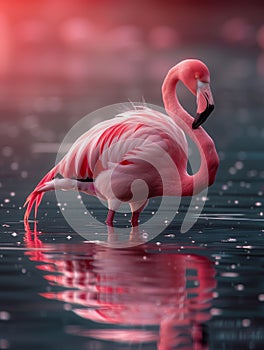 Graceful pink flamingo standing in tranquil waters under a stunning sunset sky