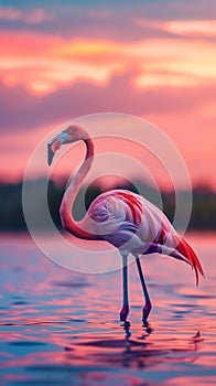 Graceful pink flamingo standing in tranquil waters under a stunning sunset sky