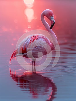 Graceful pink flamingo standing in tranquil waters under a stunning sunset sky