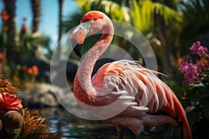 Graceful pink flamingo stands near exotic palms on a lush lawn