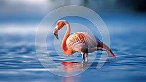 Graceful pink flamingo in vibrant feathers standing in shallow water casting iridescent sheen