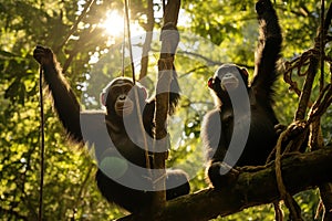 Graceful Play: Chimpanzees Swinging in Lush Rainforest