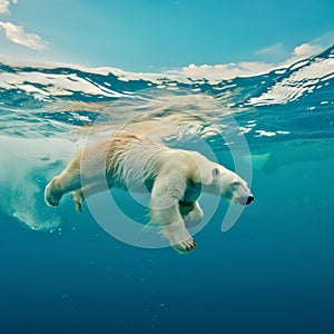 Graceful polar bear gliding through icy waters in Arctic ocean swim