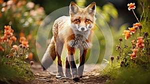 Graceful red fox standing in the middle of a sun kissed meadow on a beautiful summer day.