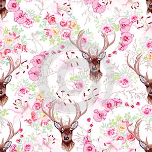 Graceful reindeer and flowers seamless vector pattern