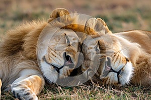 Graceful repose Brown lions reclining together on vibrant green grass