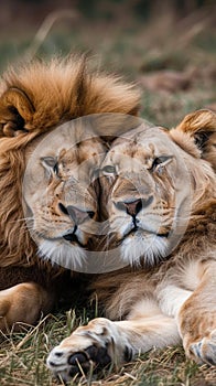 Graceful repose Brown lions reclining together on vibrant green grass