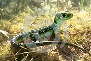 Graceful reptile basks in sunlight, adorned with stunning green scales