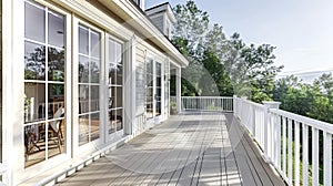 The Graceful Siding House and Its Spacious Walkout Deck, Accented by an Open White Door\'s View