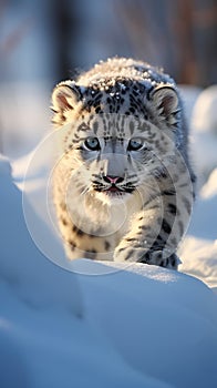 Graceful Strides: The Majestic Snow Leopard in the Glittering Ti photo
