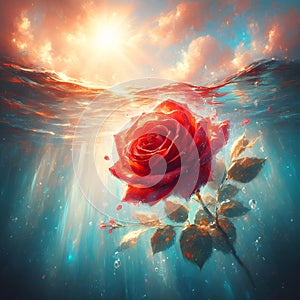 Graceful Submersion: A Rose Flower Floating in Tranquil Waters.