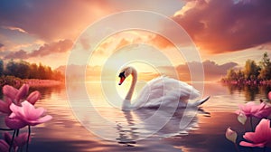 Graceful swan gliding on serene lake, a tranquil and serene natural beauty in the peaceful landscape