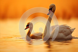 Graceful swan and its chick swimming on serene lake. Blurred background.