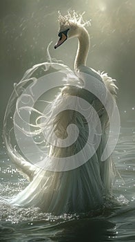 Graceful swan wearing a pearl-studded tiara, draped in a flowing chiffon gown