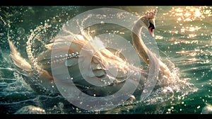 Graceful swan wearing a pearl-studded tiara, draped in a flowing chiffon gown