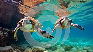 Graceful Synchrony: Majestic Sea Turtles in Vibrant Coral Reef