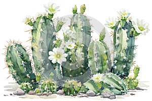 Graceful Tall Cactus with Delicate Small White Flowers Elegant Watercolor Art Showcasing Natural Desert Beauty, Perfect for Home photo