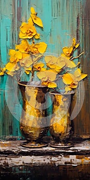 Graceful And Textured Golden Flowers In Dark Yellow And Turquoise Vases