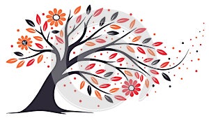 Graceful Tree with RedOrange Flower, Artistic Flow, vector design Generative AI