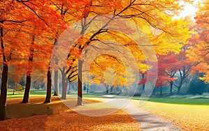 Graceful Trees, Golden Leaves, and Petals in a Serene Pathway.