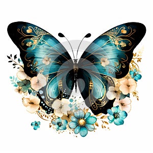 Graceful turquoise butterfly with delicate golden accents, surrounded by a wreath of colorful flowers