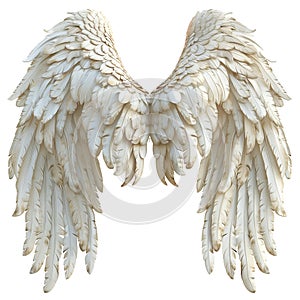 Graceful white angel wings with detailed feathers isolated on background.