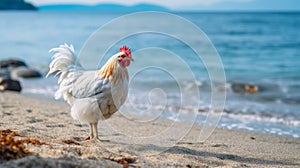 Graceful White Rooster On Sandy Beach: Ethical Concerns And Expressionism