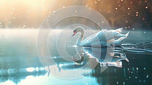 Graceful white swan gliding on tranquil lake with stunning reflection in serene cinematic shot