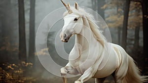 A graceful white unicorn with a shiny horn stands tall in a beautiful misty forest. Soft light. Generative AI Illustration. photo