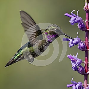 Graceful Wings Capturing a Hummingbird in Flight Amidst Purple Petals