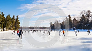 Graceful Winter Wonderland: Vibrant Ice Skaters Gliding on Frozen Lake