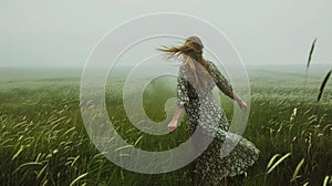 Graceful woman in elegant dress strolling through breezy green field with tall grass
