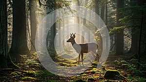 Gracefully in a forest illuminated by rays of sunlight filtering