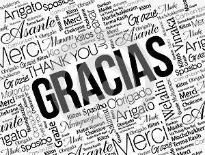 Gracias (Thank You in Spanish) Word Cloud background, all languages, multilingual for education or thanksgiving day