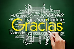 Gracias Thank You in Spanish Word Cloud on blackboard, all languages, multilingual for education