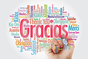 Gracias Thank You in Spanish word cloud in different languages with marker photo