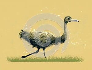 A gracious ostrich galloping through the grass. Cute creature. AI generation